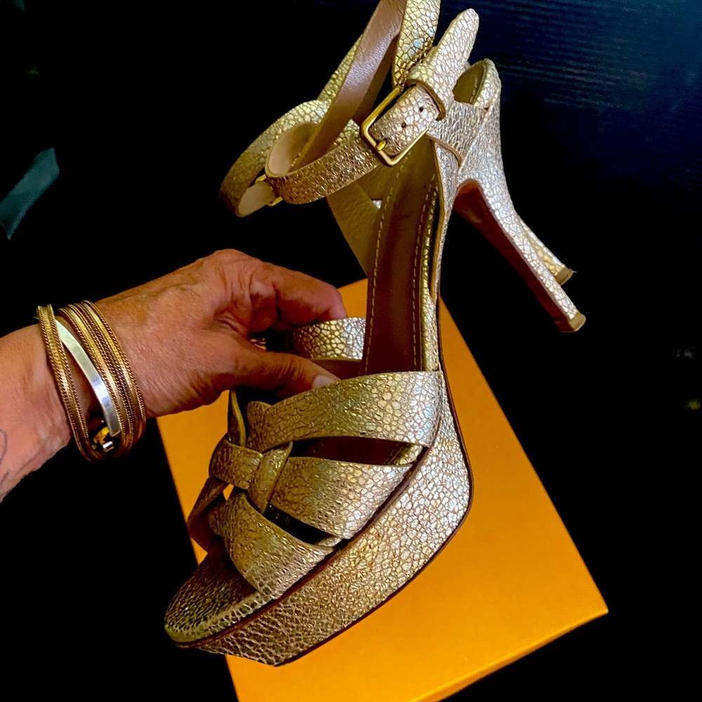 YSL Tribute 105 volcano Sahara gold sandal